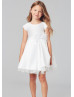 Cap Sleeves White Satin Tulle Short Flower Girl Dress